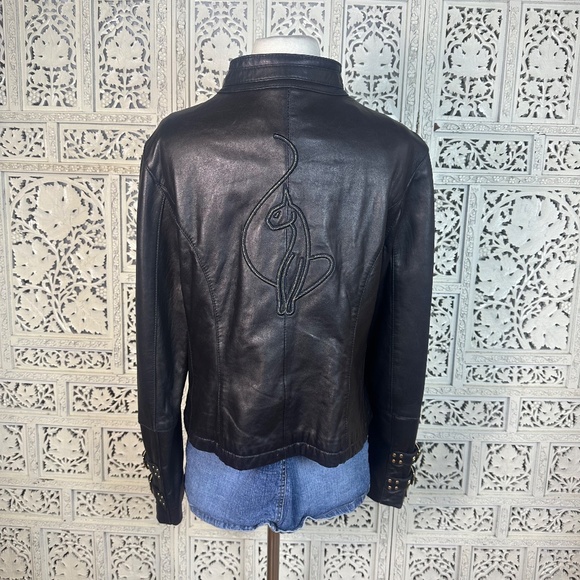 Baby Phat Soft Black Leather Moto Grunge Buckle Zip Up Jacket Sz Large - Picture 6 of 11